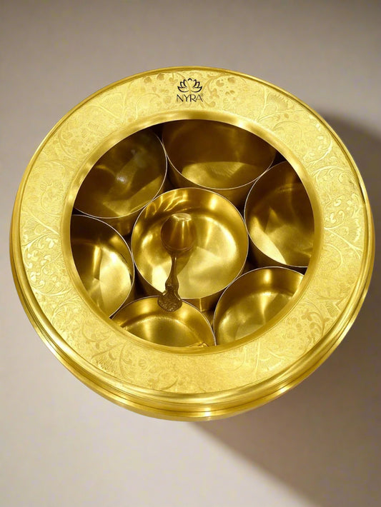 Brass Spice Box with see-through lid | Eco-Friendly & Handcrafted Masala Dabba with 7 Compartments - Traditional Kitchen Essential
