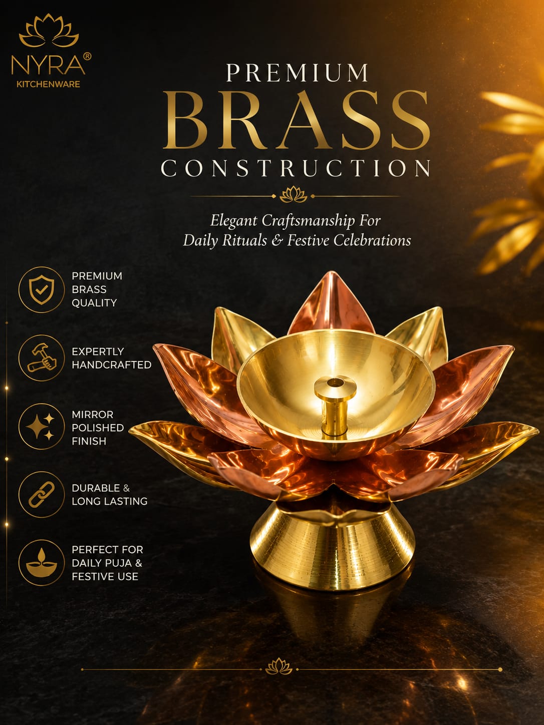 Brass Lotus Kamal Diya | Premium Handmade Akhand Oil Lamp - Pooja Brass Diya Stand