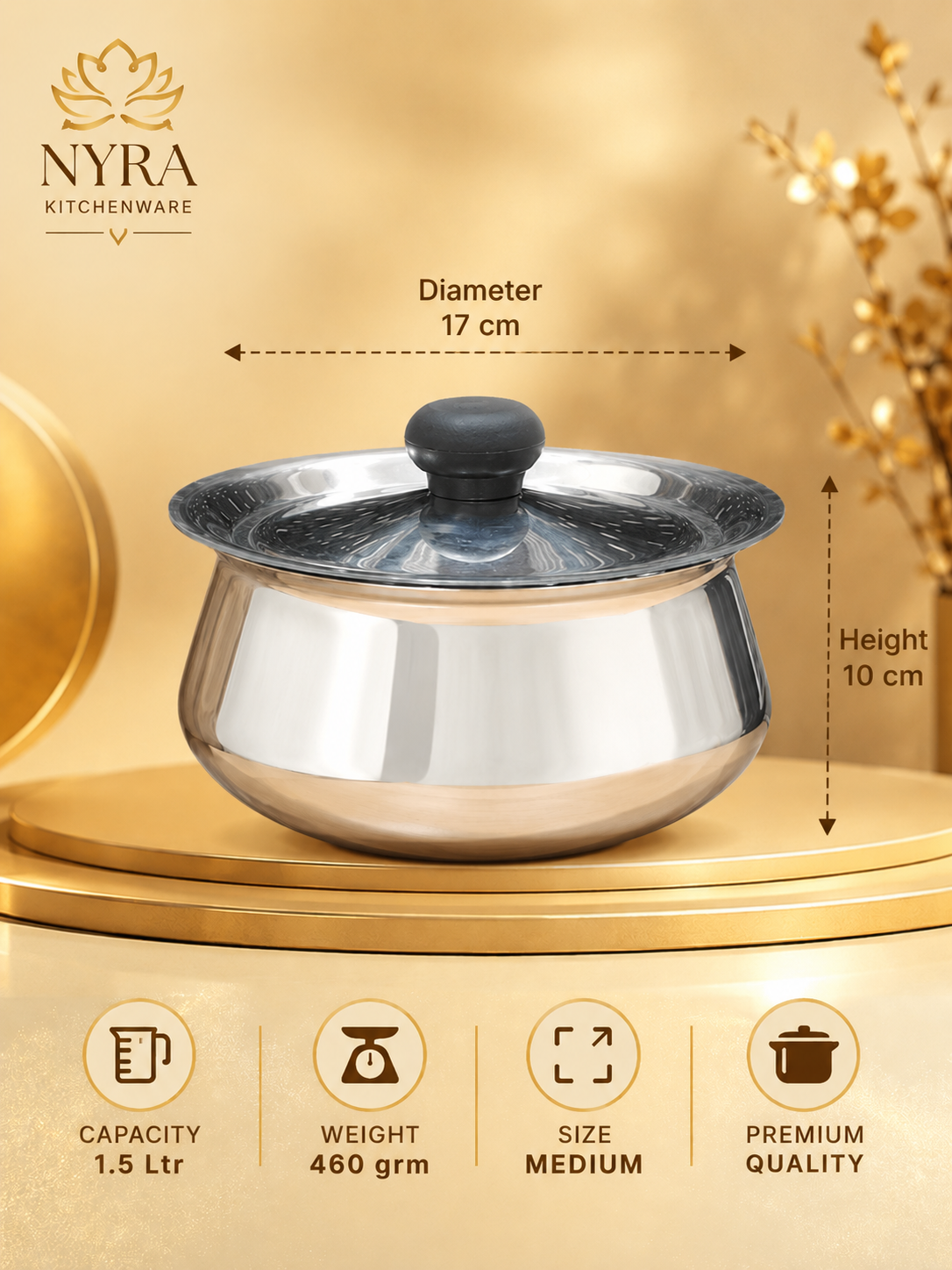 Stainless Steel Pulao Handi with Lid and PVC Knob - Available in 3 sizes