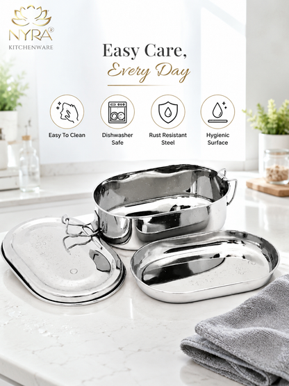 Stainless Steel Capsule Lunch Box with Plate & Double Decker Separator | Glossy Finish Steel Tiffin Box - Durable Food Storage Container