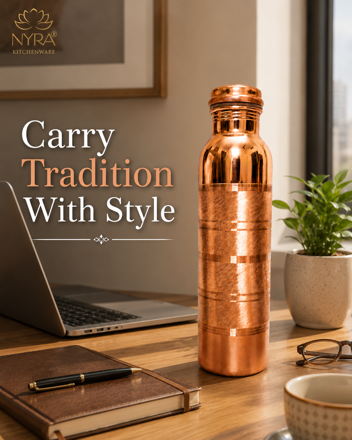 Pure Copper Water Bottle | Leak-Proof with Screw Cap | Glossy Silver-touch Copper Bottle
