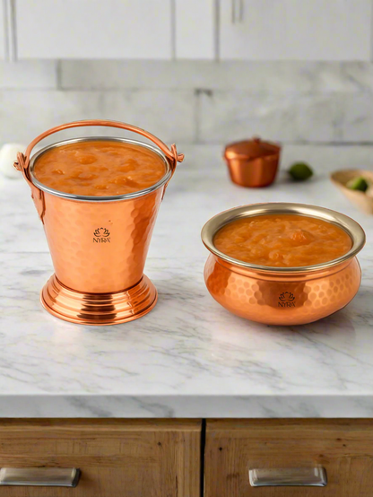 Copper Hammered Serving Bucket & Handi Bowl | Dual-Layer with Stainless Steel Interior Tableware Set