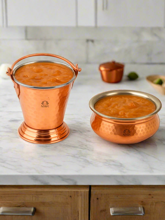 Copper Hammered Serving Bucket & Handi Bowl | Dual-Layer with Stainless Steel Interior Tableware Set