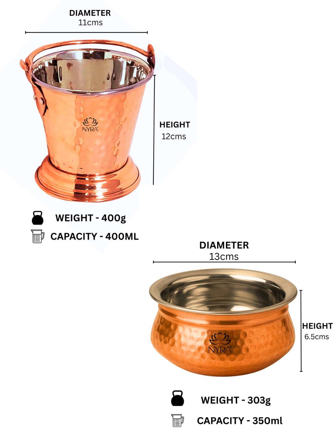 Copper Hammered Serving Bucket & Handi Bowl | Dual-Layer with Stainless Steel Interior Tableware Set