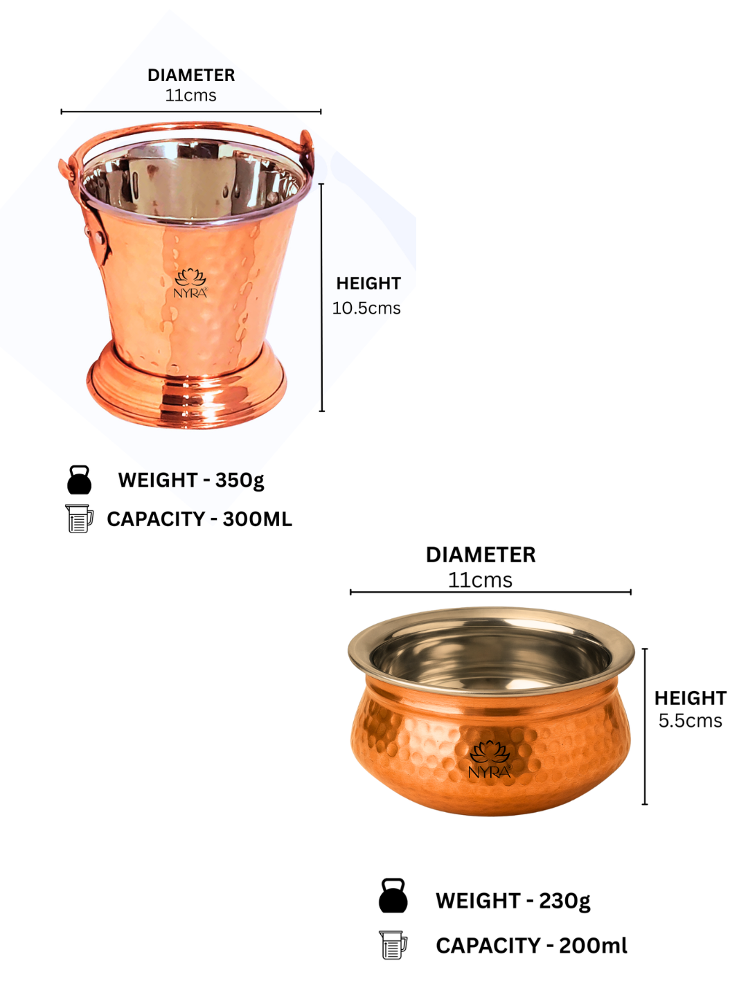 Copper Hammered Serving Bucket & Handi Bowl | Dual-Layer with Stainless Steel Interior Tableware Set