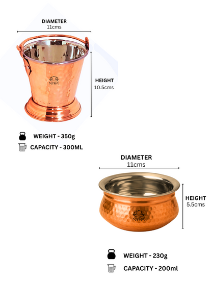 Copper Hammered Serving Bucket & Handi Bowl | Dual-Layer with Stainless Steel Interior Tableware Set