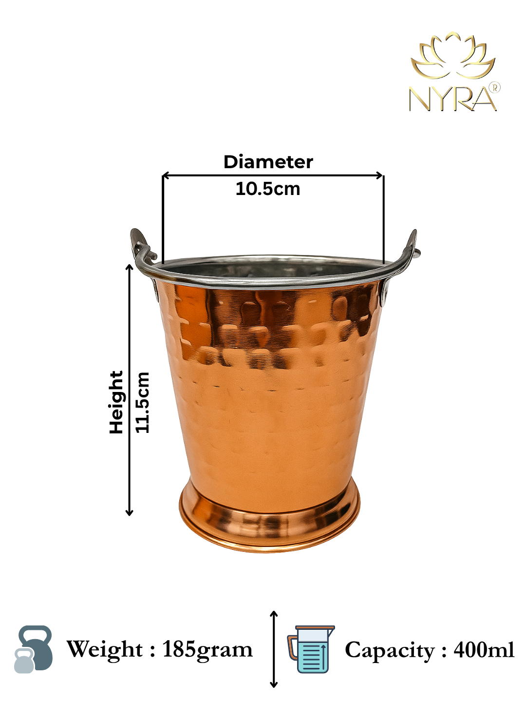 Copper bucket with measurements, weight, and capacity details on a white background