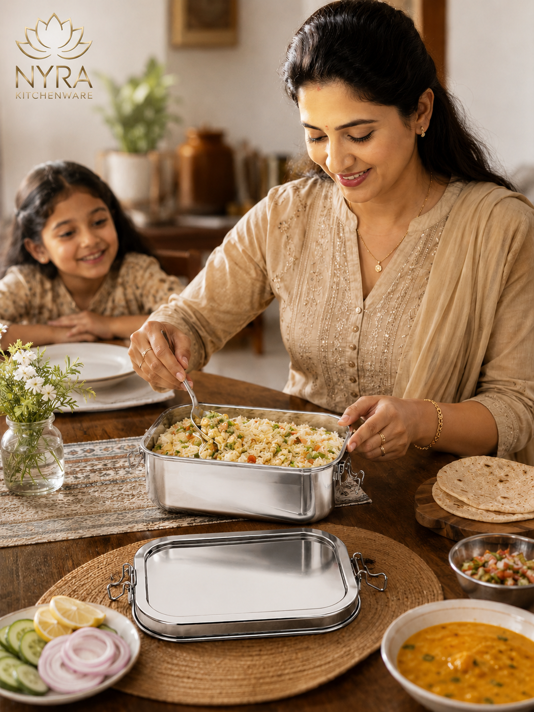 Stainless Steel Rectangular Lunch Box | Leak-Proof Tiffin with Inner Container & Locking Clip