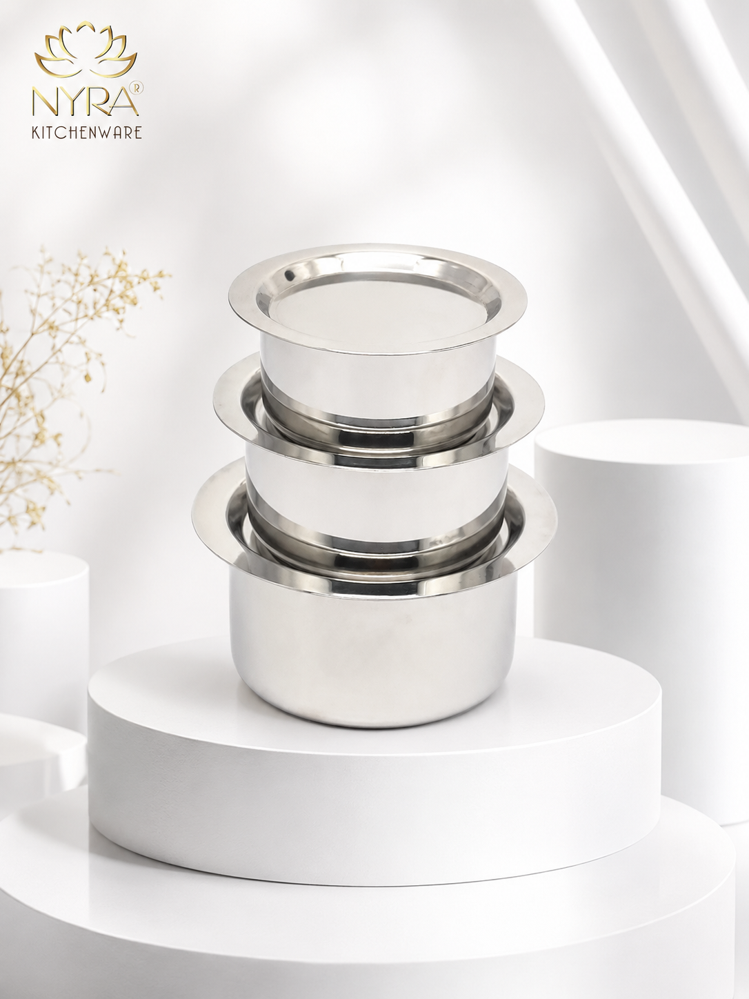 Durable Stainless Steel Induction Bottom Bhagona Set | 3-Piece Mini Cooking Pots