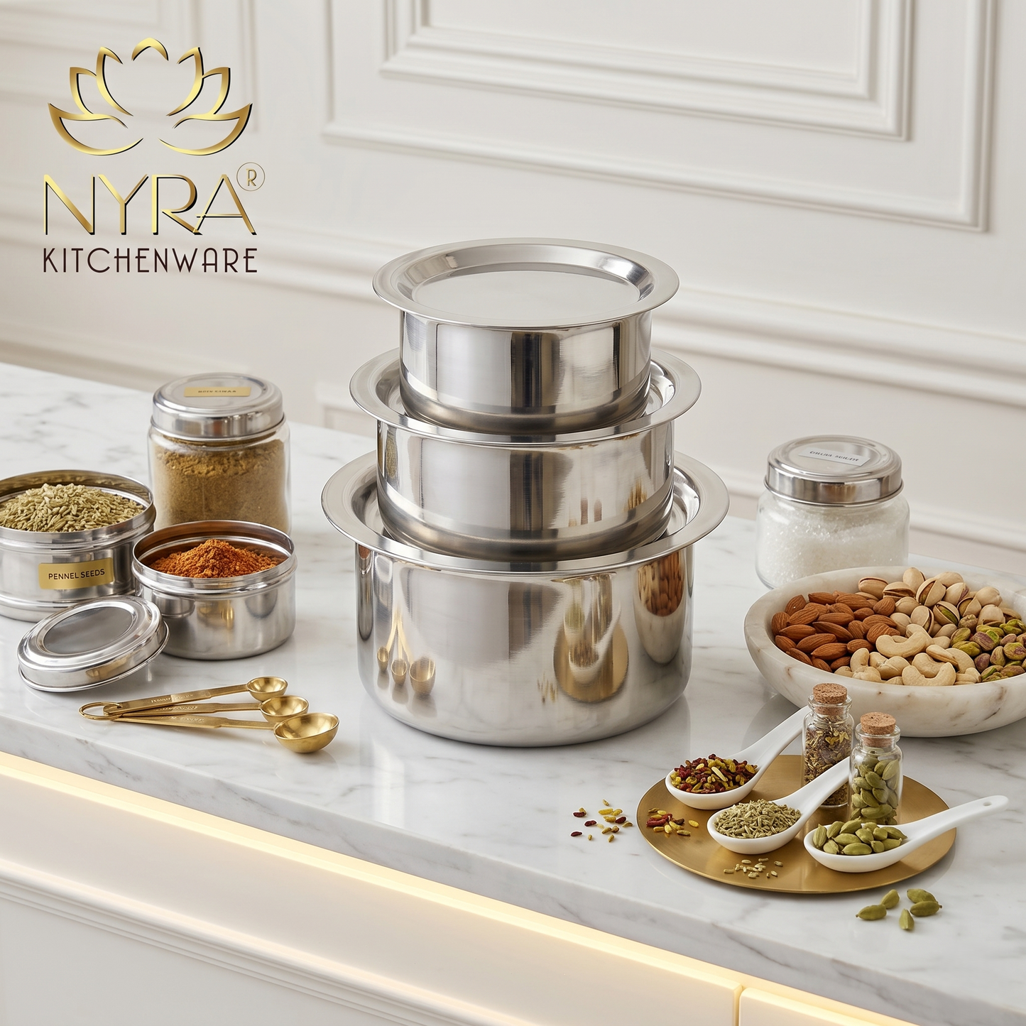 Durable Stainless Steel Induction Bottom Bhagona Set | 3-Piece Mini Cooking Pots