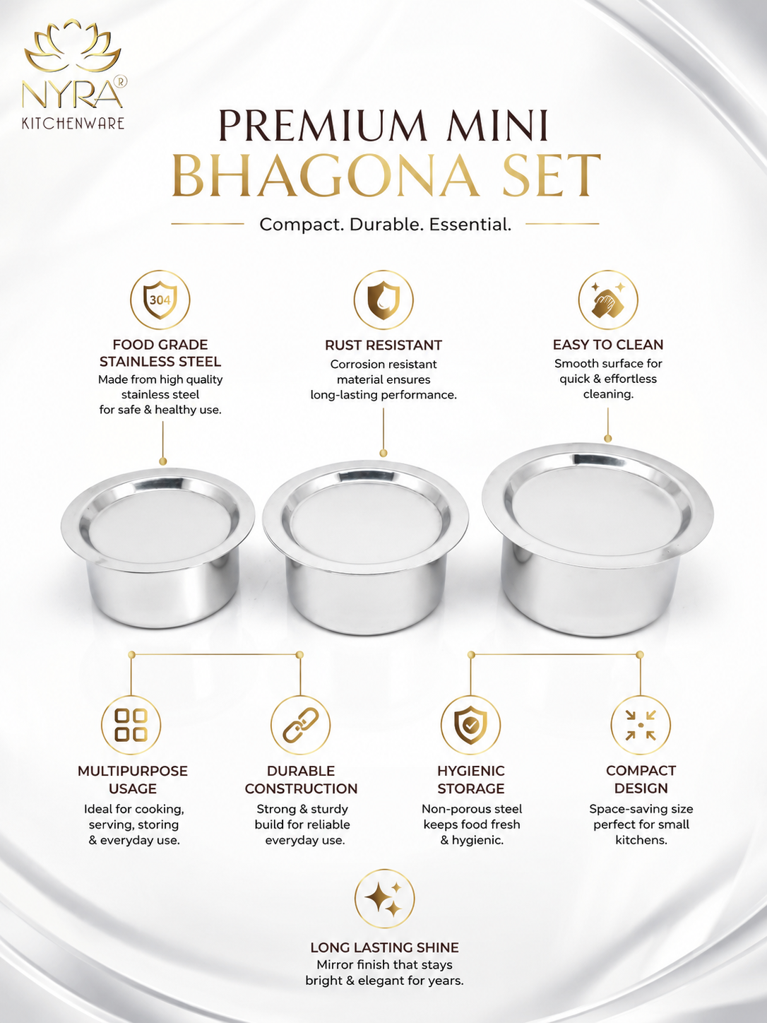 Durable Stainless Steel Induction Bottom Bhagona Set | 3-Piece Mini Cooking Pots
