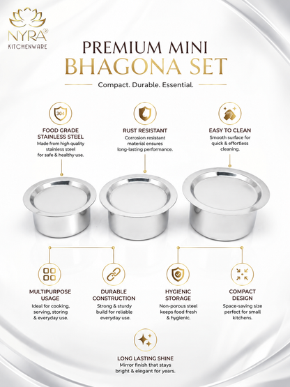 Durable Stainless Steel Induction Bottom Bhagona Set | 3-Piece Mini Cooking Pots