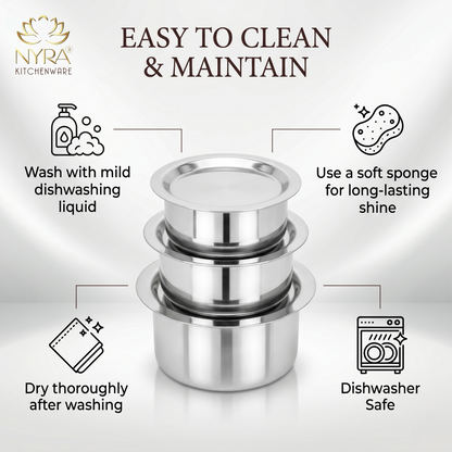 Durable Stainless Steel Induction Bottom Bhagona Set | 3-Piece Mini Cooking Pots