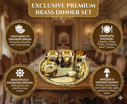 Traditional Brass Dinner Thali Set | Peetal Embossed Floral Design Set