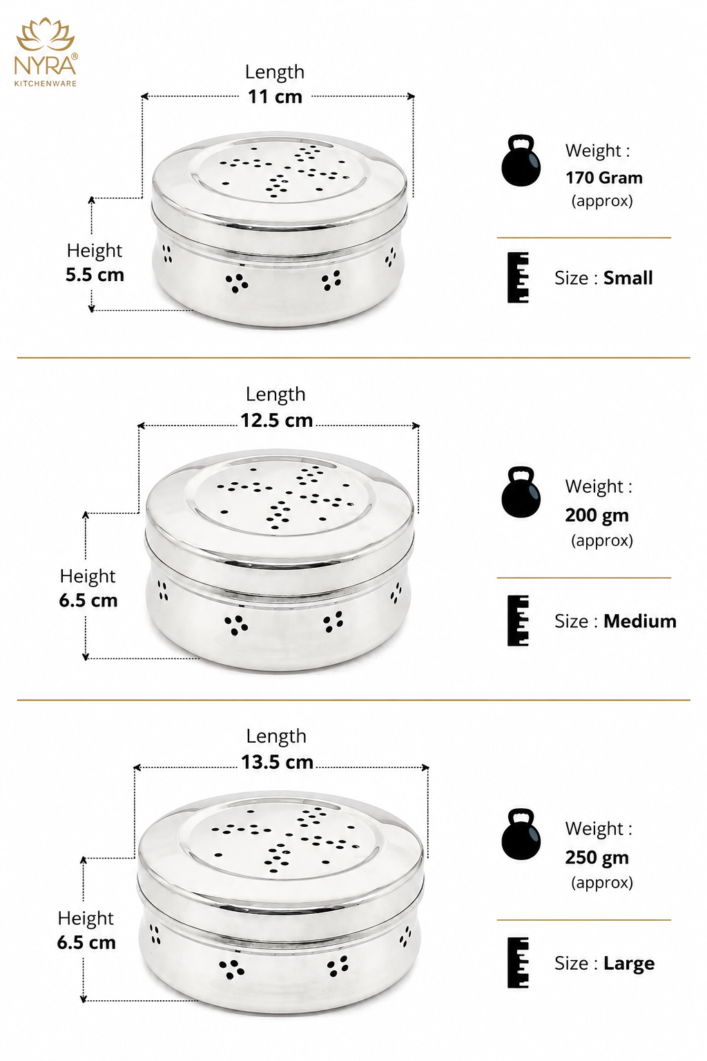 Stainless Steel Multipurpose Storage Container with Air Ventilation Holes - Set of 3 Pcs
