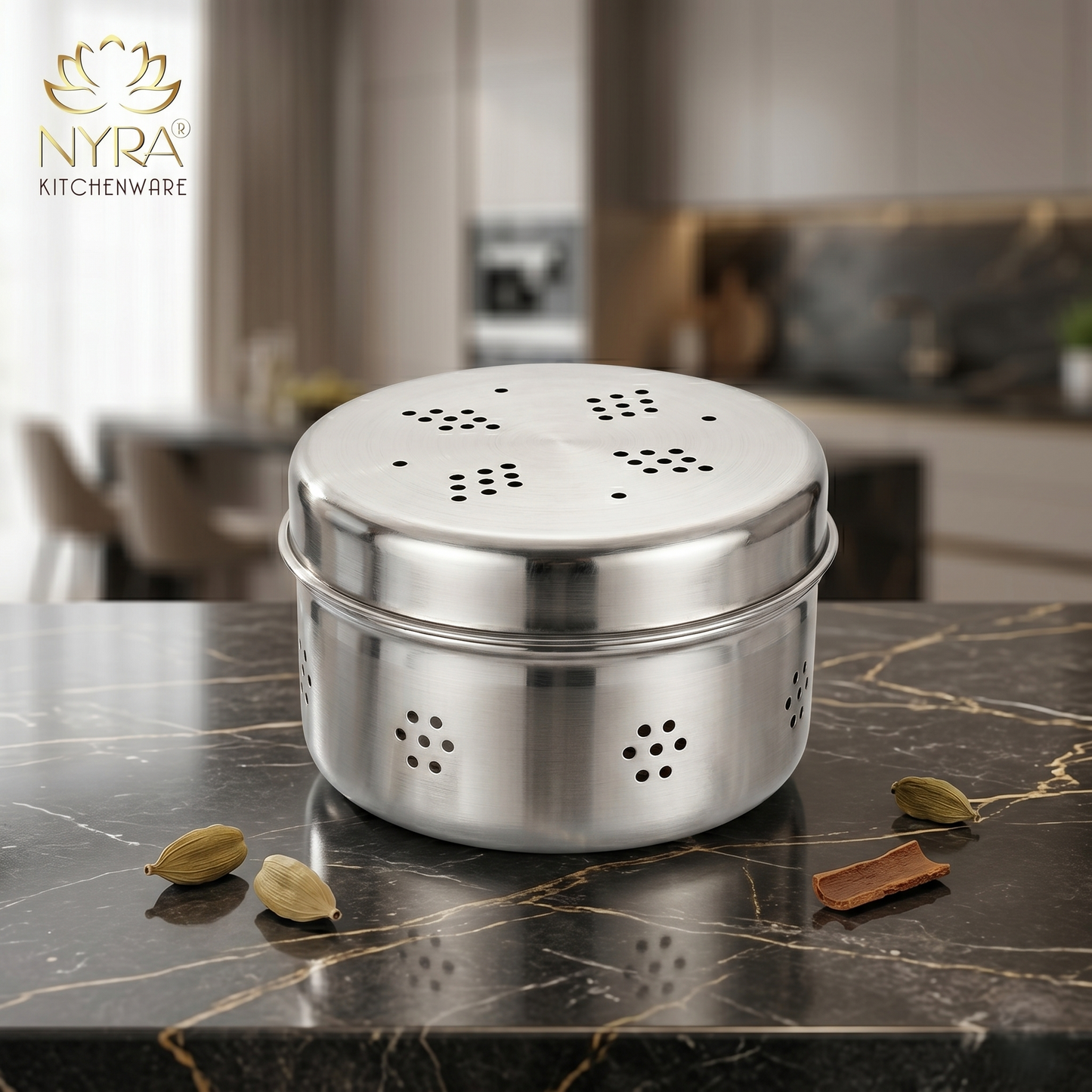 Stainless Steel Round Dibbi/Dabba | Ventilated Dhaniya & Spice Box