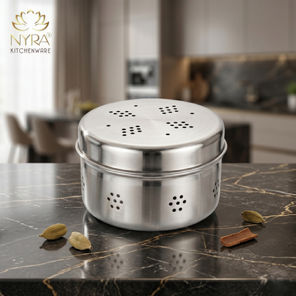 Stainless Steel Round Dibbi/Dabba | Ventilated Dhaniya & Spice Box