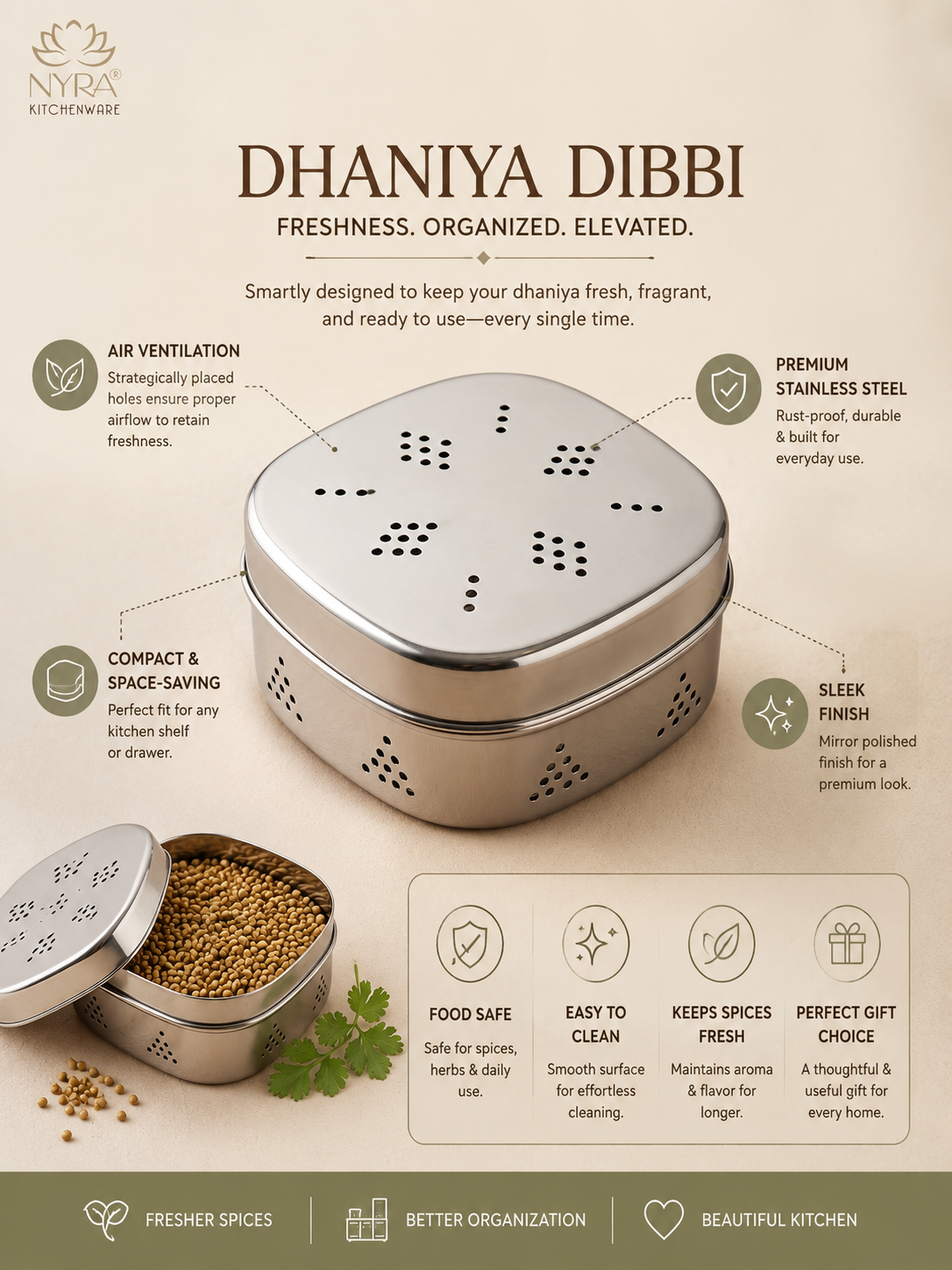 Stainless Steel Square-shaped Coriander/ Multipurpose Storage Container with Air Ventilation Holes - Set of 3 Pcs