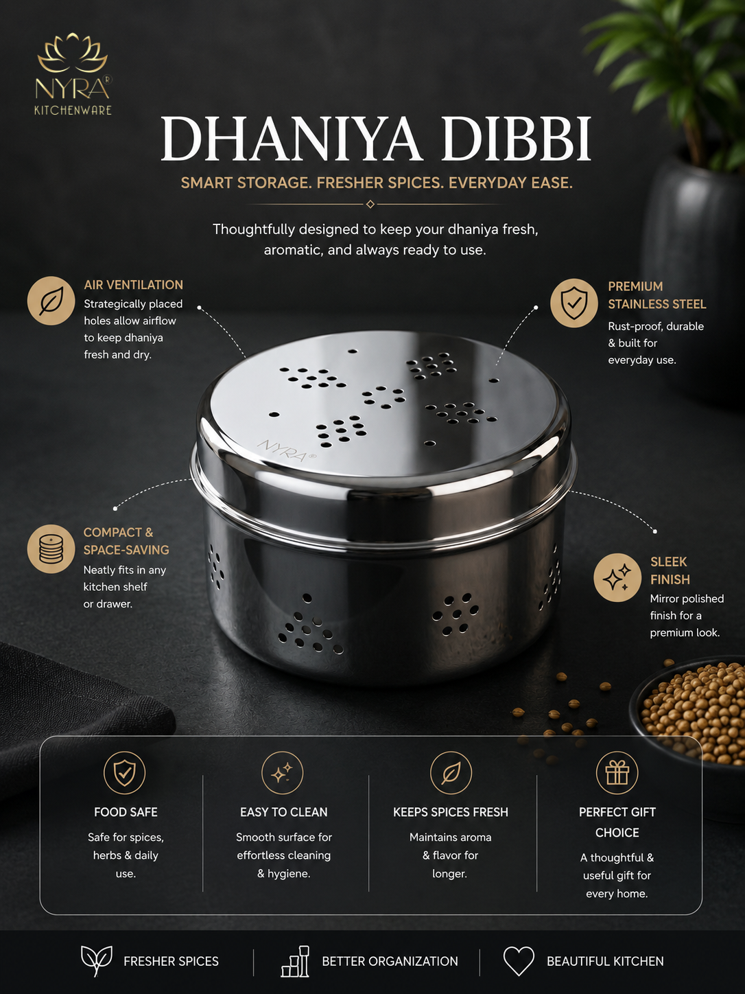 Stainless Steel Round Dibbi/Dabba | Ventilated Dhaniya & Spice Box
