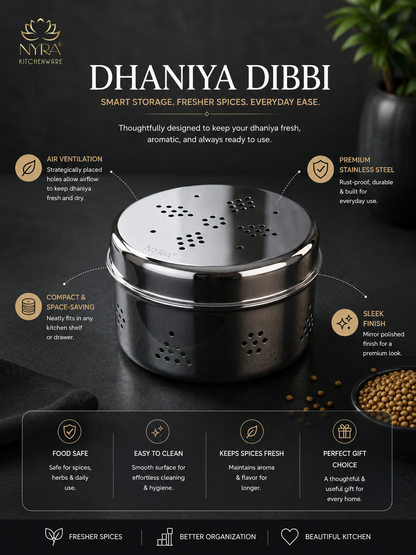 Stainless Steel Round Dibbi/Dabba | Ventilated Dhaniya & Spice Box