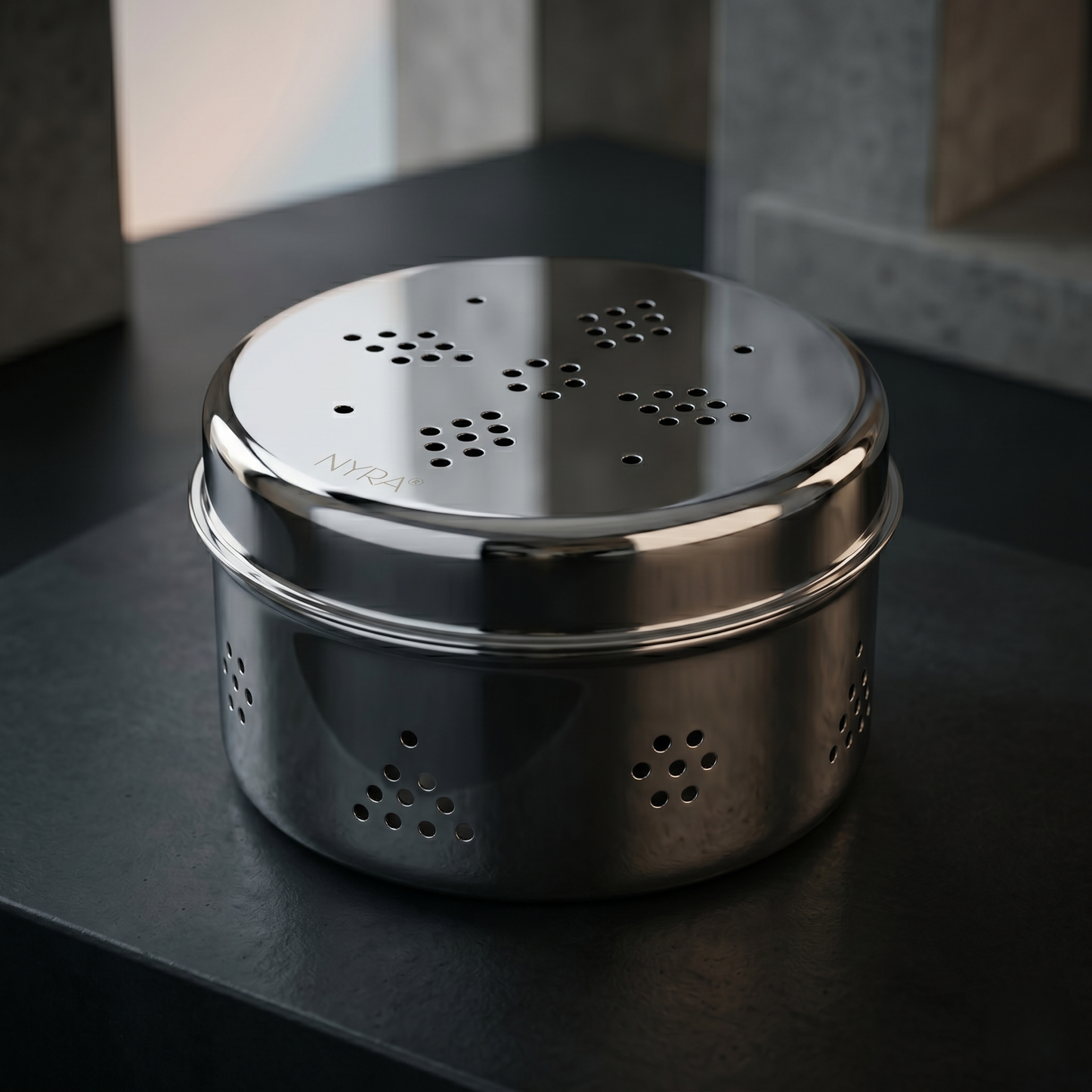 Stainless Steel Round Dibbi/Dabba | Ventilated Dhaniya & Spice Box
