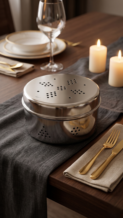 Stainless Steel Round Dibbi/Dabba | Ventilated Dhaniya & Spice Box