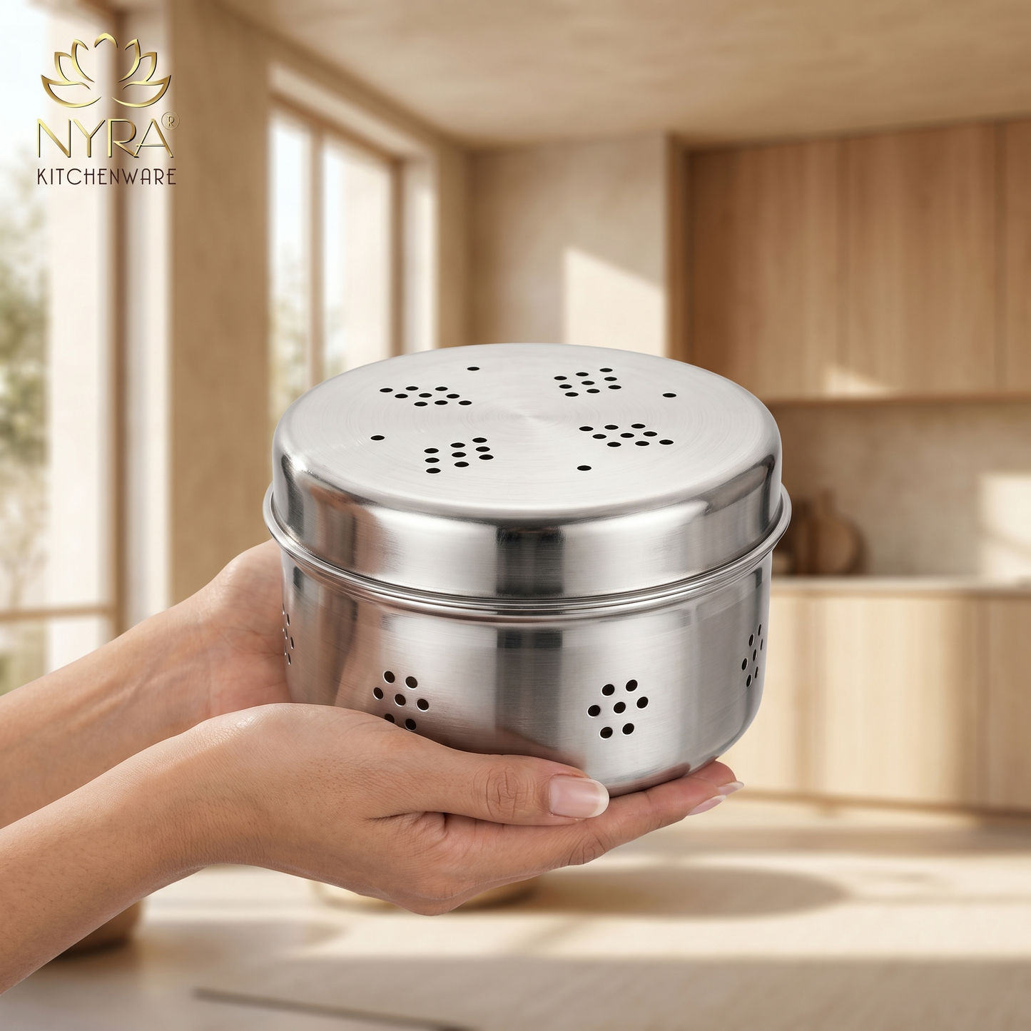 Stainless Steel Round Dibbi/Dabba | Ventilated Dhaniya & Spice Box