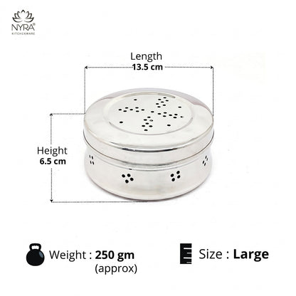 Stainless Steel Round Dibbi/Dabba | Ventilated Dhaniya & Spice Box