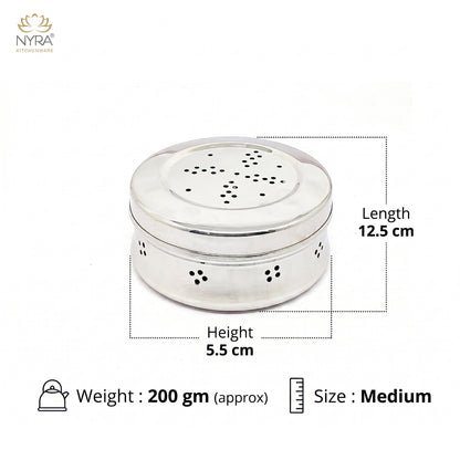 Stainless Steel Round Dibbi/Dabba | Ventilated Dhaniya & Spice Box