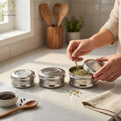 Stainless Steel Round Dibbi/Dabba | Ventilated Dhaniya & Spice Box