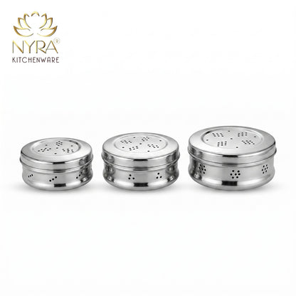 Stainless Steel Round Dibbi/Dabba | Ventilated Dhaniya & Spice Box