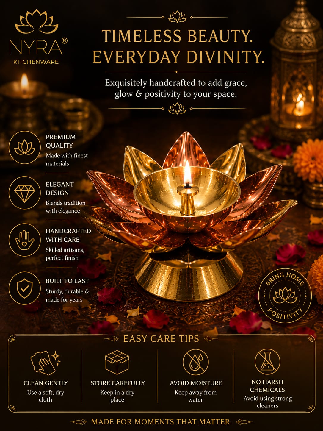 Brass Lotus Kamal Diya | Premium Handmade Akhand Oil Lamp - Pooja Brass Diya Stand