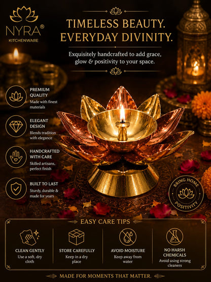 Brass Lotus Kamal Diya | Premium Handmade Akhand Oil Lamp - Pooja Brass Diya Stand