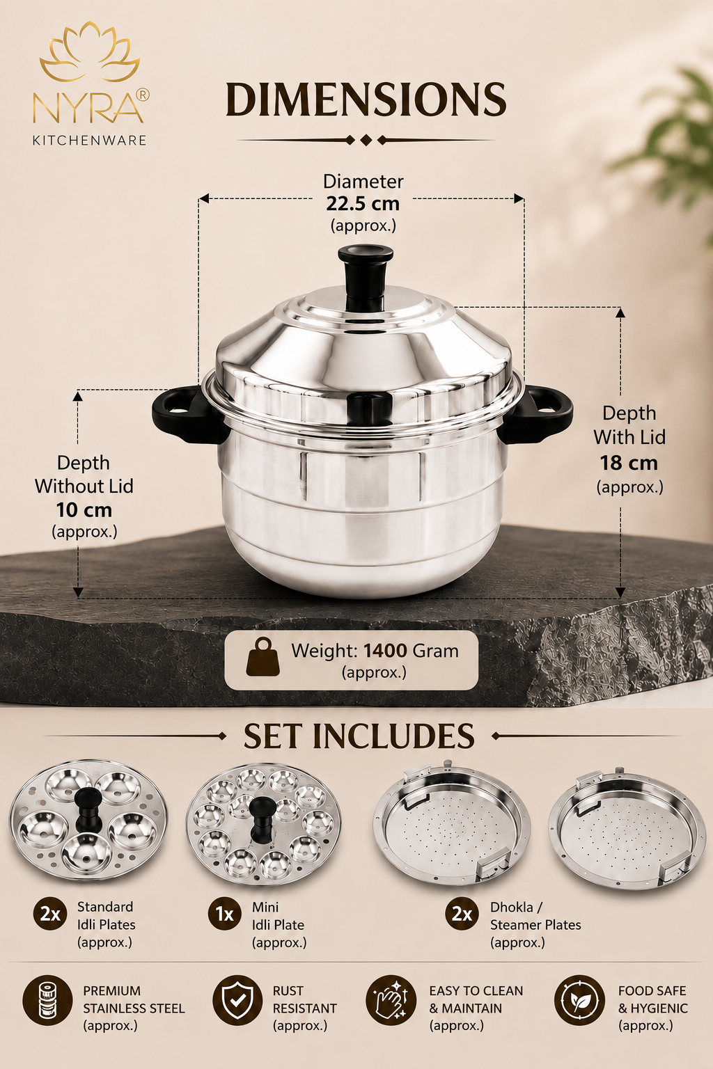 Stainless Steel Idli Cooker - 5 Plates | 3-Tier Steamer for Idli & Multi-Purpose Use