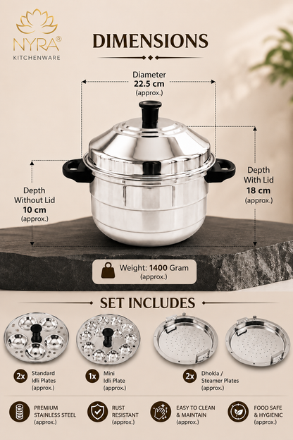 Stainless Steel Idli Cooker - 5 Plates | 3-Tier Steamer for Idli & Multi-Purpose Use