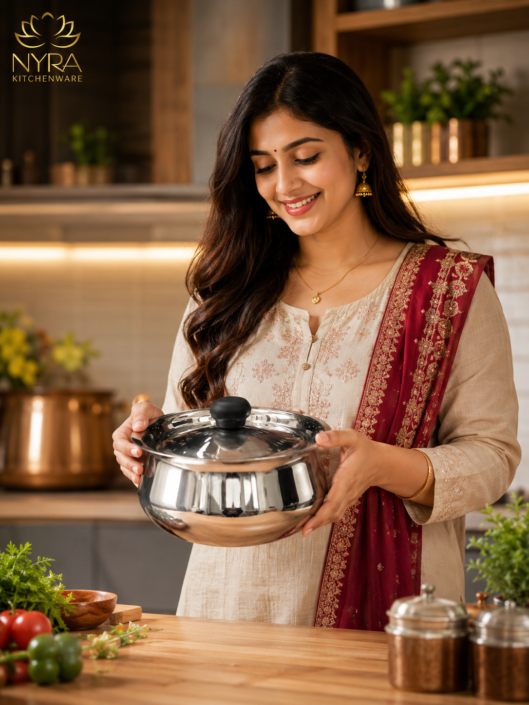 Stainless Steel Pulao Handi with Lid and PVC Knob – Set of 3