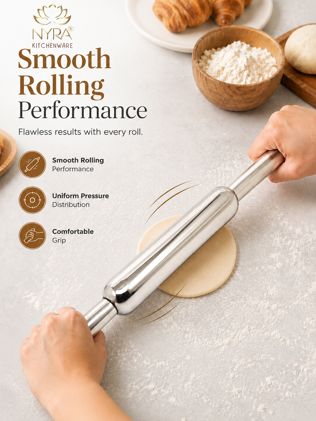 Stainless Steel Chapati Roller Pin - Durable Belan for Perfectly Rolled Chapatis