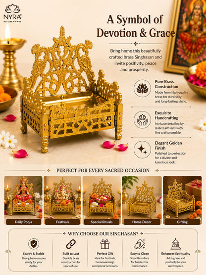 A brass Singhasan temple idol with an ornate crown-like top, displayed on a beige background with decorative props including a diya, flower petals, and smaller inset photos showing use cases like daily praja, festivals, and home decor. Text highlights pure brass construction, exquisite handcrafting, and golden finish.