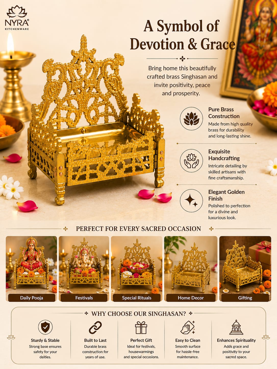 A brass Singhasan temple idol with an ornate crown-like top, displayed on a beige background with decorative props including a diya, flower petals, and smaller inset photos showing use cases like daily praja, festivals, and home decor. Text highlights pure brass construction, exquisite handcrafting, and golden finish.
