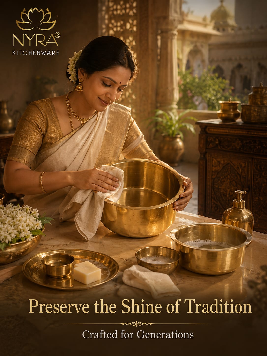 Woman cleaning a brass bowl with Nyra Kitchenware branding in a traditional setting.