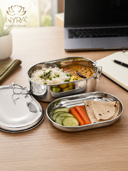 Stainless Steel Capsule Lunch Box with Plate & Double Decker Separator | Glossy Finish Steel Tiffin Box - Durable Food Storage Container
