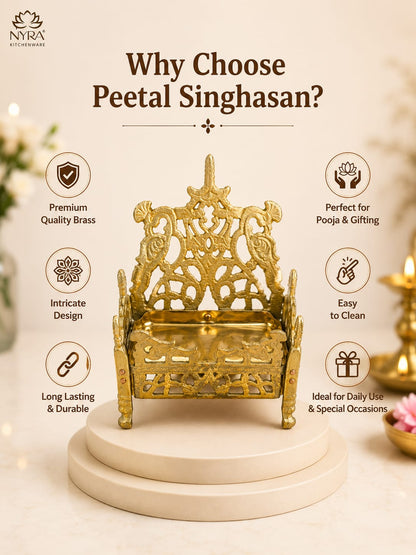 A golden brass Peetal Singhasan decorative seat displayed on a cream pedestal with marketing text and icons on a warm beige background. The image includes the NYRA kitchenware logo in the top left.