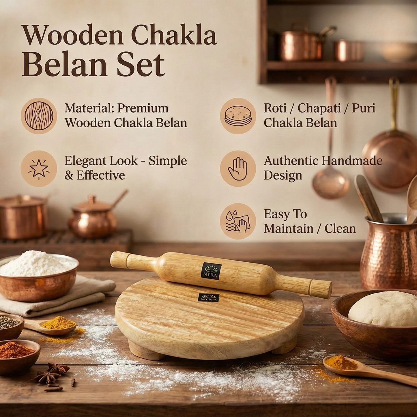 Wooden Belan and Chakla Set for Kitchen | Rolling Pin and Board for Roti, Paratha, Chapati Making