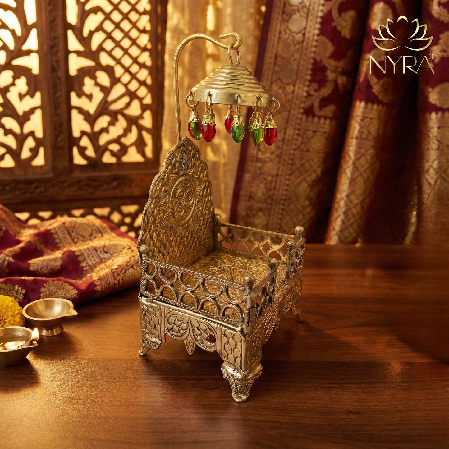 Pure Brass Singhasan/Throne for God Idols - with Decorative Chhatri & Beads