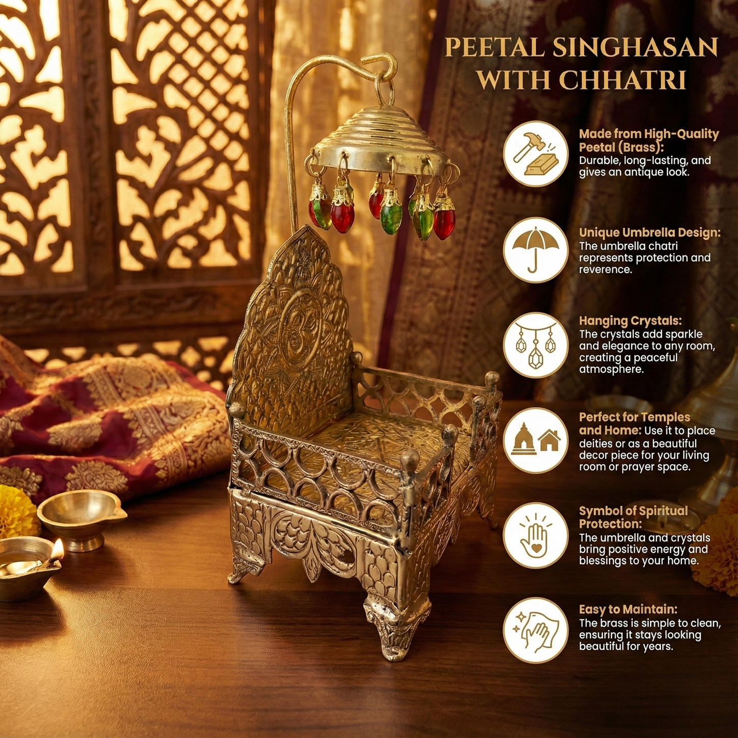 Pure Brass Singhasan/Throne for God Idols - with Decorative Chhatri & Beads