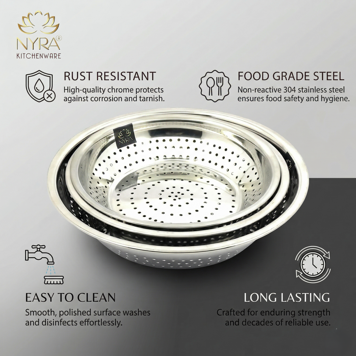 Stainless Steel Strainer/Rice/Chawal Chalni - Set of 3pcs.