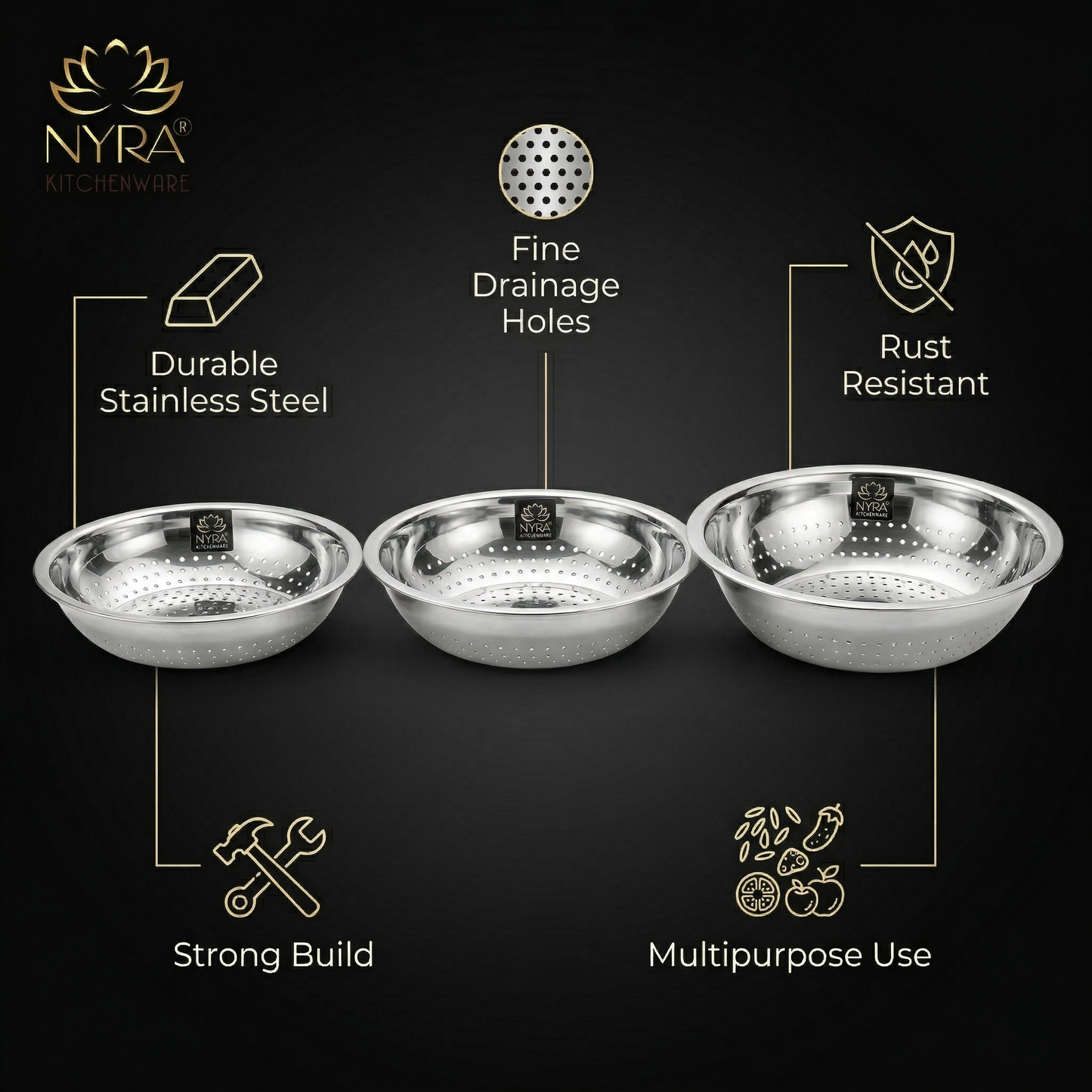 Stainless Steel Strainer/Rice/Chawal Chalni - Set of 3pcs.