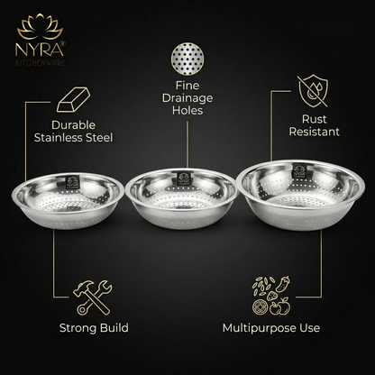 Stainless Steel Strainer/Rice/Chawal Chalni - Set of 3pcs.
