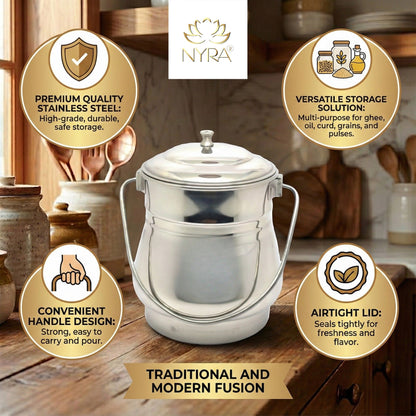 Stainless Steel Milk Pot/Container with lid | Flat Bottom dolchi for Milk - 4 sizes