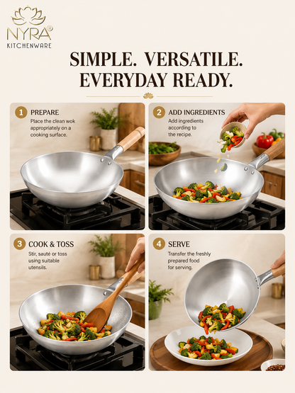 Iron Chinese Wok/Kadhai with Wooden Handle | Heavy-Duty Iron Kadai